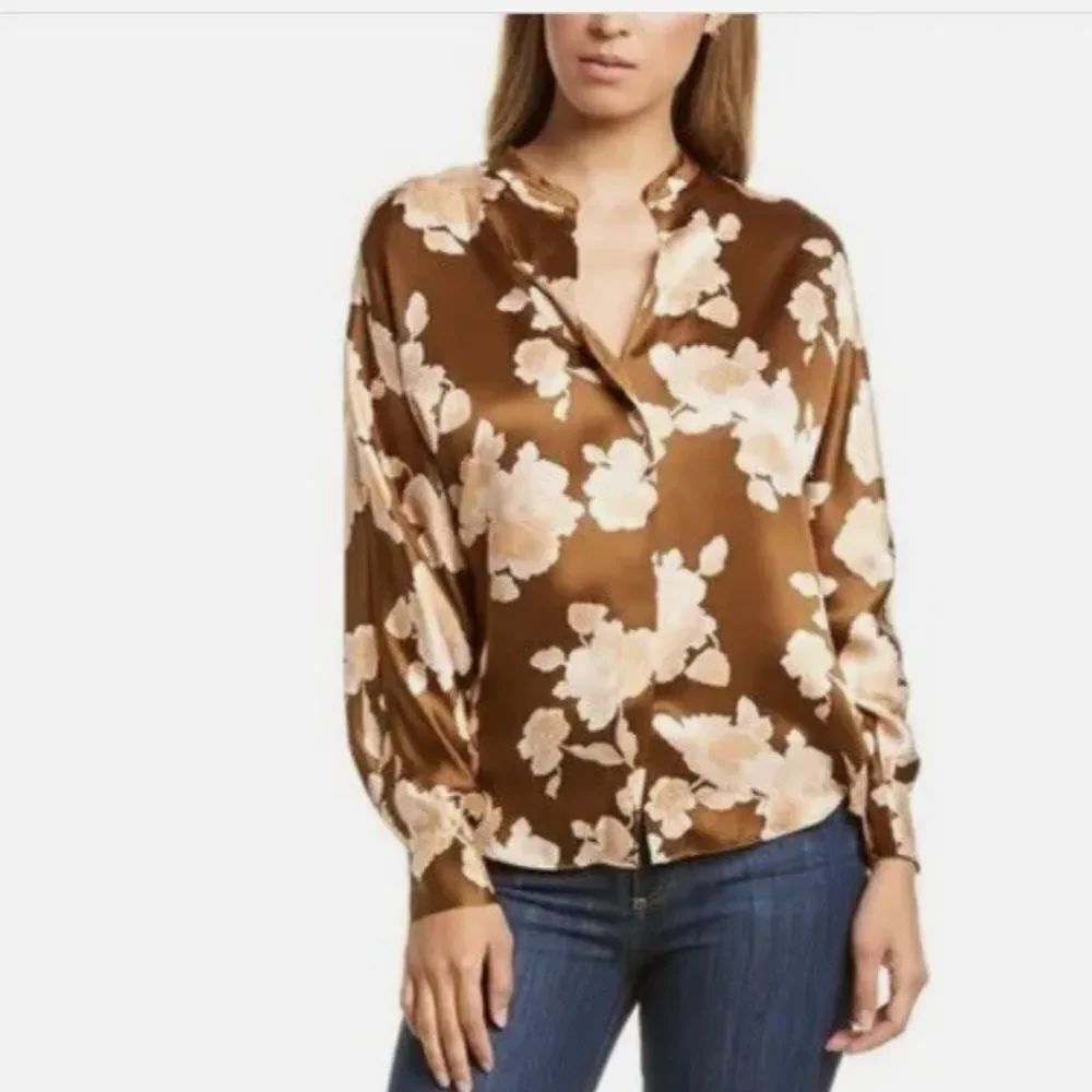 Vince 100% Silk Tapestry Floral Popover Blouse Top in Amber Retail $345